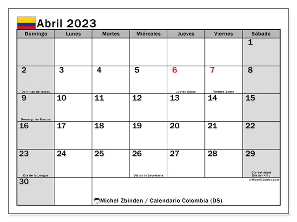Calendario con los días festivos de Colombia, abril 2023, para imprimir, gratis. Horario imprimible gratis