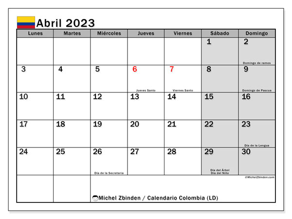 Calendario para imprimir, abril de 2023, Colombia (LD)