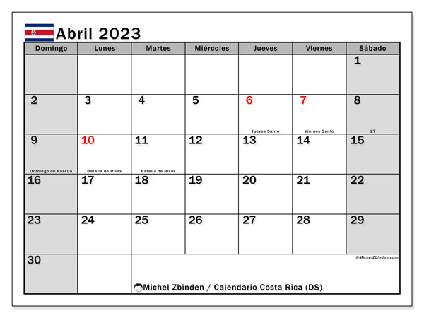 Calendario con los días festivos de Costa Rica, Abril 2023, para imprimir, gratis. Horario imprimible gratis