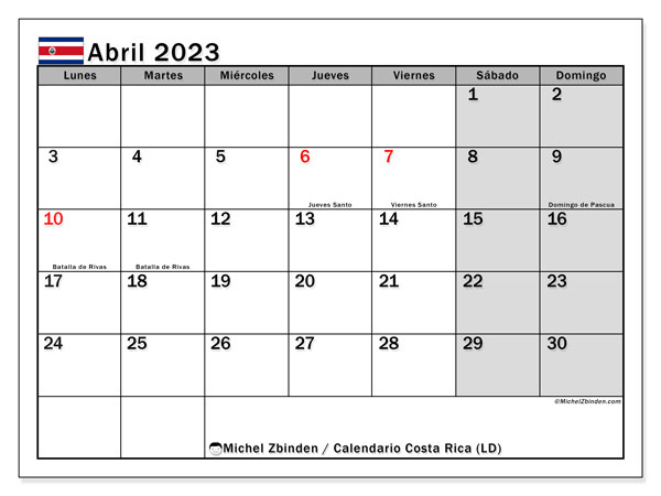 Calendario con los días festivos de Costa Rica, Abril 2023, para imprimir, gratis. Programa imprimible gratuito