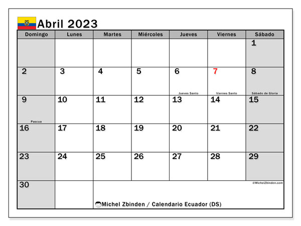 Calendario para imprimir, abril de 2023, Ecuador (DS)