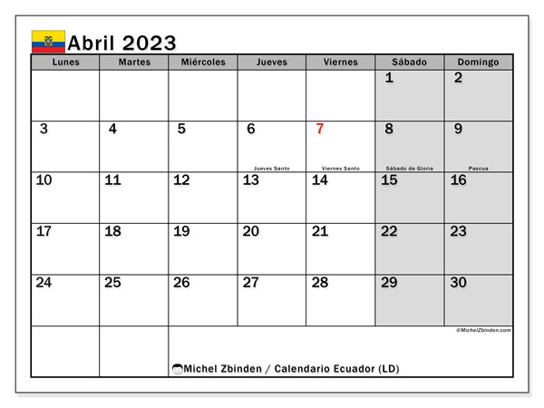 Calendario con los días festivos de Ecuador, Abril 2023, para imprimir, gratis. Horario imprimible gratis