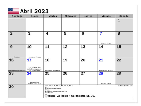 États-Unis, calendario de abril de 2023, para su impresión, de forma gratuita.