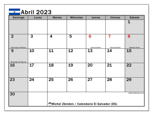 Calendario para imprimir, abril de 2023, El Salvador (DS)