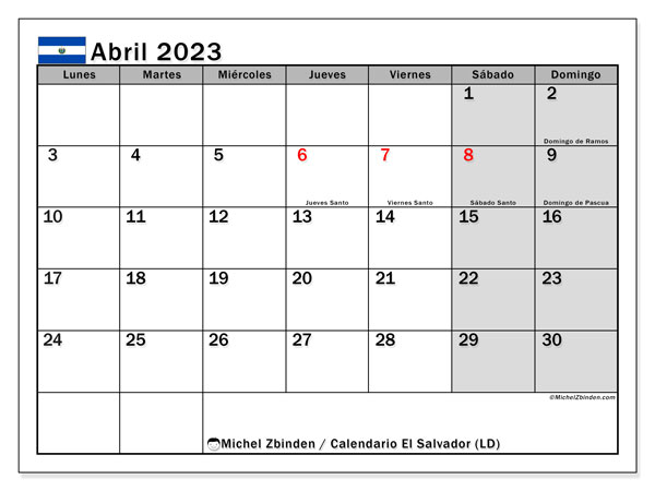 Calendario para imprimir, abril de 2023, El Salvador (LD)