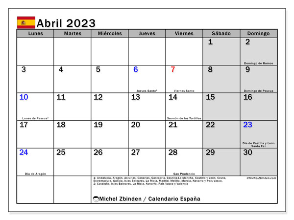 Calendario “España” para imprimir, con festivos. Calendario mensual abril de 2023 y almanaque gratuito para imprimir.