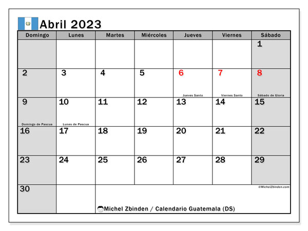 Calendario con los días festivos de Guatemala, abril 2023, para imprimir, gratis. Plan imprimible gratuito