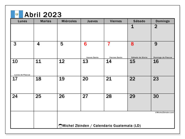 Calendario para imprimir, abril de 2023, Guatemala (LD)