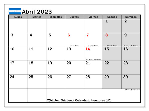 Calendario con los días festivos de Honduras, Abril 2023, para imprimir, gratis. Horario imprimible gratis