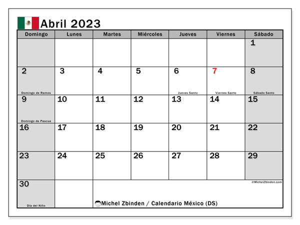 Calendario con los días festivos de México, abril 2023, para imprimir, gratis. Programa imprimible gratuito