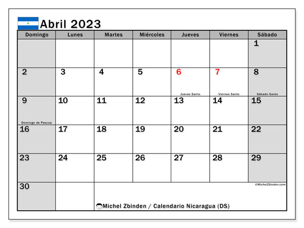 Calendario con los días festivos de Nicaragua, abril 2023, para imprimir, gratis. Agenda imprimible gratuita