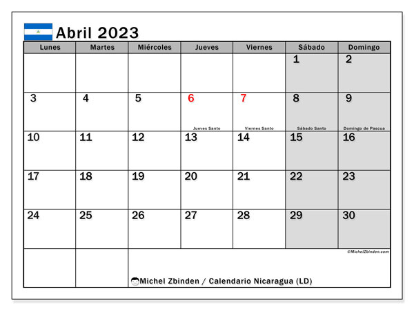 Calendario con los días festivos de Nicaragua, abril 2023, para imprimir, gratis. Horario imprimible gratis