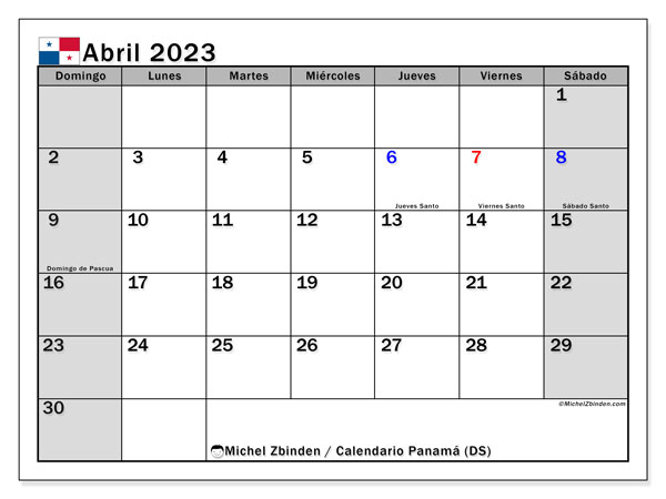 Calendario con los días festivos de Panamá, abril de 2023, para imprimir gratuitamente. Plan imprimible gratuito