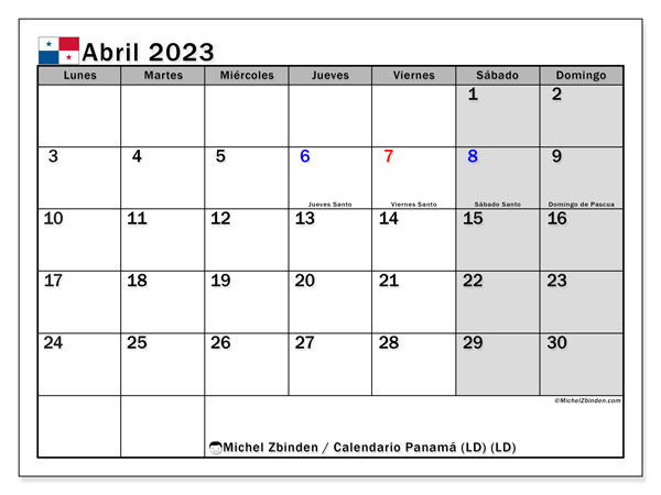 Calendario para imprimir, abril de 2023, Panamá (LD)