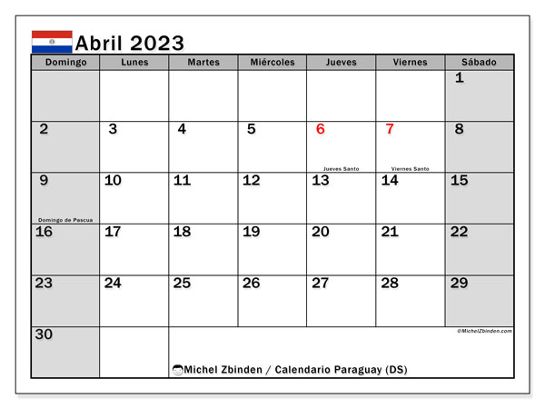Calendario con los días festivos de Paraguay, abril 2023, para imprimir, gratis. Programación imprimible gratuita