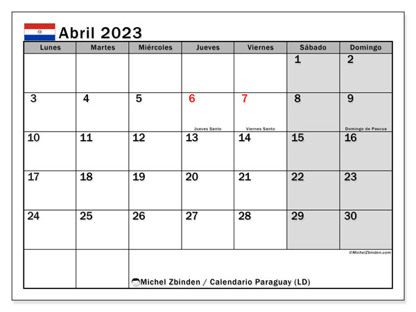Calendario para imprimir, abril de 2023, Paraguay (LD)