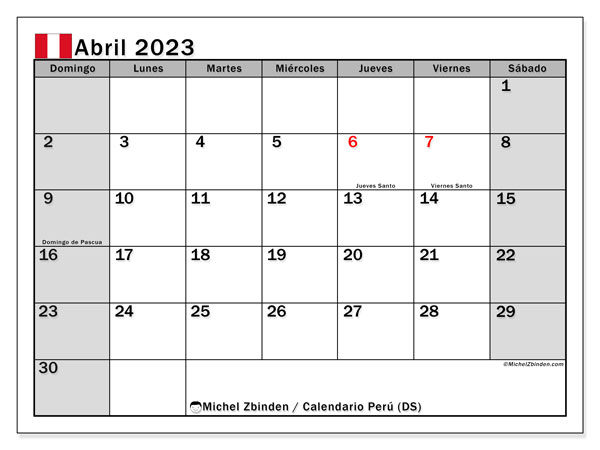 Calendario “Perú (DS)” para imprimir, con festivos. Calendario mensual abril de 2023 y agenda imprimibile.