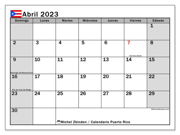 Calendario con los días festivos de Puerto Rico, abril 2023, para imprimir, gratis. Horario imprimible gratis