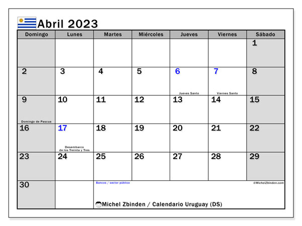 Calendario con los días festivos de Uruguay, abril 2023, para imprimir, gratis. Horario imprimible gratis