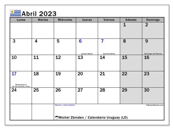 Calendario para imprimir, abril de 2023, Uruguay (LD)