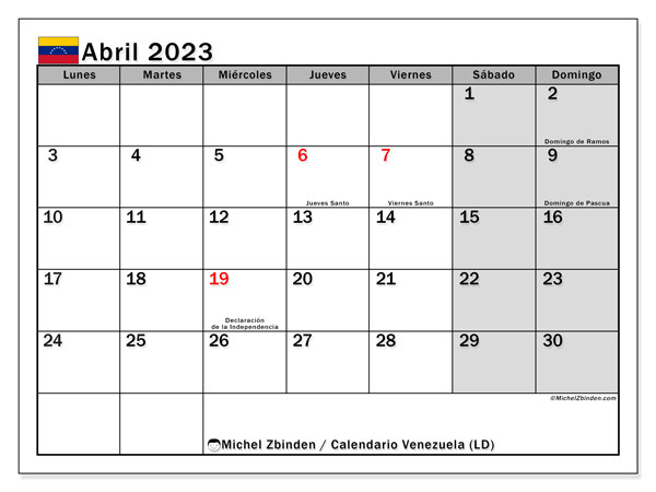 Calendario para imprimir, abril 2023, Venezuela (LD)