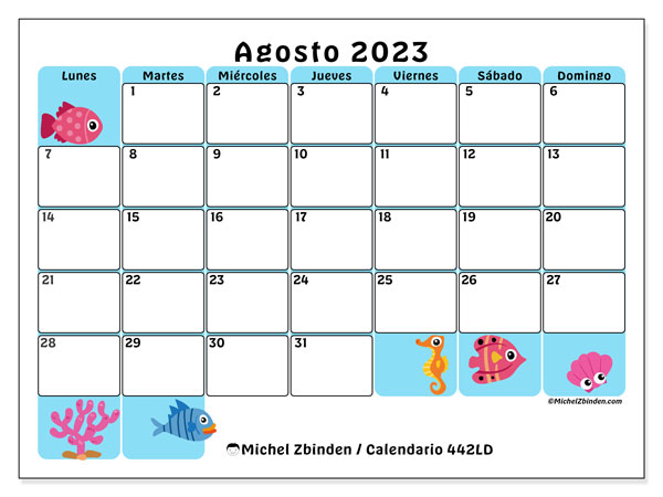 Calendario agosto de 2023 para imprimir. Calendario mensual “442LD” y almanaque imprimibile