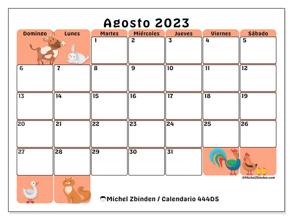 444DS, calendario de agosto de 2023, para su impresión, de forma gratuita.