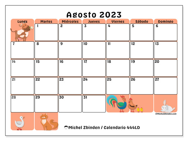 Calendario para imprimir, agosto 2023, 444LD