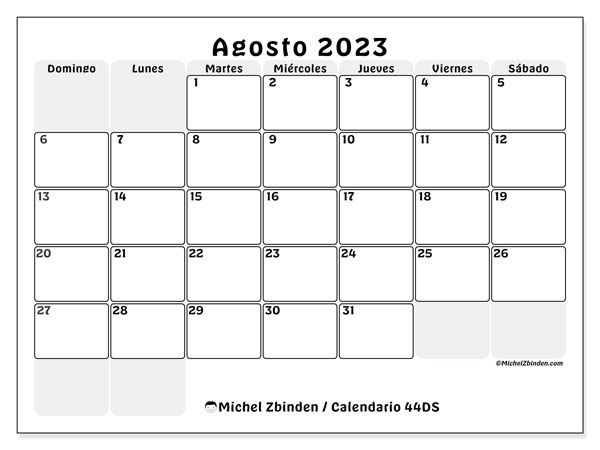 Calendario agosto de 2023 para imprimir. Calendario mensual “44DS” y agenda gratuito para imprimir
