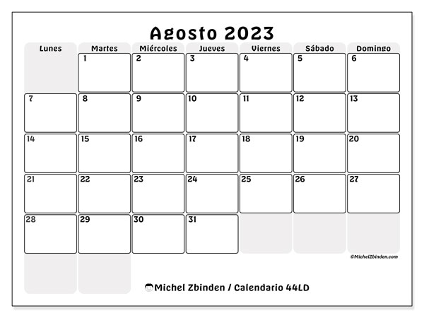 Calendario agosto de 2023 para imprimir. Calendario mensual “44LD” y planificación gratuito para imprimir