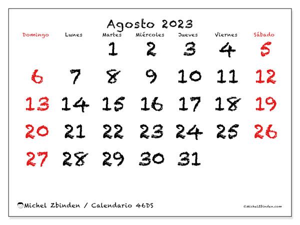 Calendario agosto 2023, 46DS. Diario para imprimir gratis.