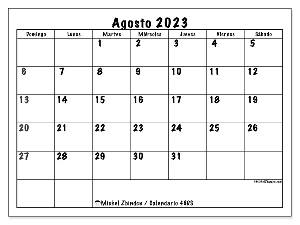 Calendario agosto de 2023 para imprimir. Calendario mensual “48DS” y agenda gratuito para imprimir
