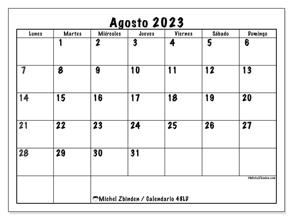 Calendario agosto 2023, 48LD. Diario para imprimir gratis.