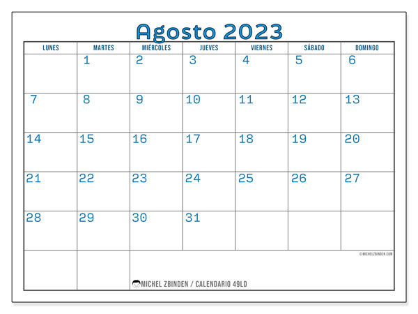 Calendario para imprimir, agosto 2023, 49LD