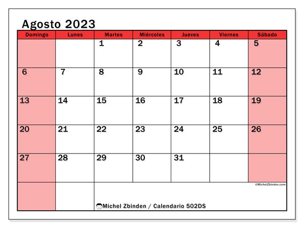 Calendario para imprimir, agosto 2023, 502DS