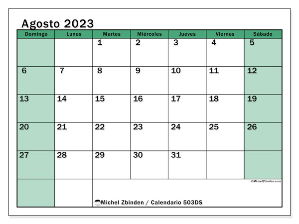 Calendario para imprimir, agosto 2023, 503DS