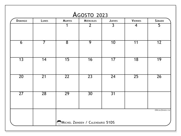 Calendario agosto de 2023 para imprimir. Calendario mensual “51DS” y almanaque imprimibile