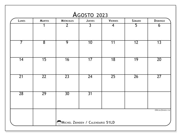 Calendario agosto de 2023 para imprimir. Calendario mensual “51LD” y almanaque gratuito para imprimir