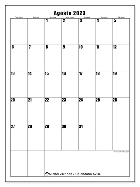 Calendario agosto de 2023 para imprimir. Calendario mensual “52DS” y cronograma gratuito para imprimir