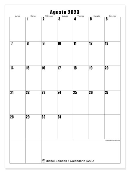 Calendario agosto de 2023 para imprimir. Calendario mensual “52LD” y agenda para imprimer gratis