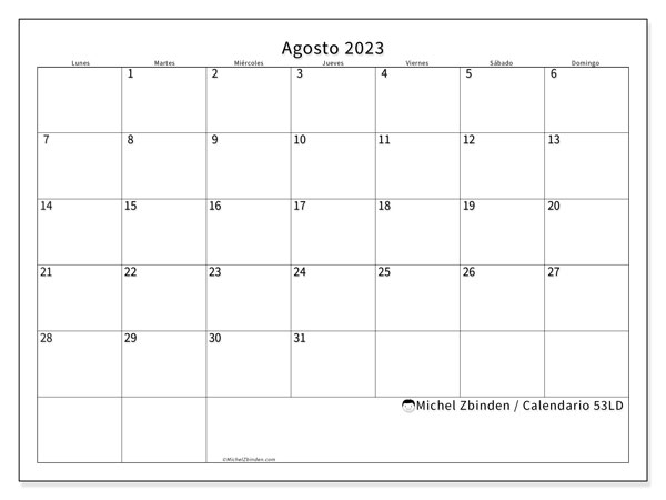 Calendario agosto de 2023 para imprimir. Calendario mensual “53LD” y almanaque imprimibile