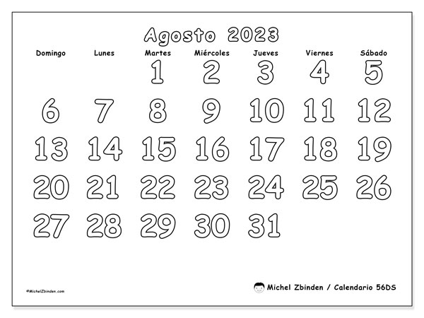 56DS, calendario de agosto de 2023, para su impresión, de forma gratuita.