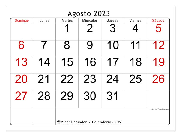Calendario agosto 2023, 62DS. Diario para imprimir gratis.