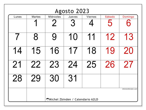 Calendario agosto 2023, 62LD. Diario para imprimir gratis.