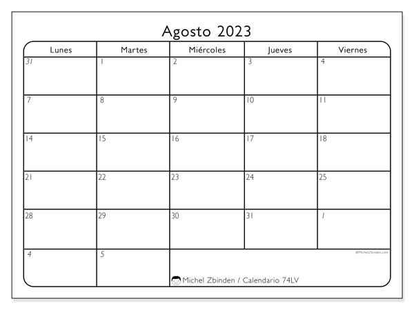 Calendario agosto de 2023 para imprimir. Calendario mensual “74LD” y agenda para imprimer gratis