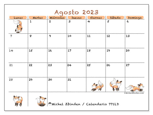Calendario agosto de 2023 para imprimir. Calendario mensual “771LD” y agenda gratuito para imprimir