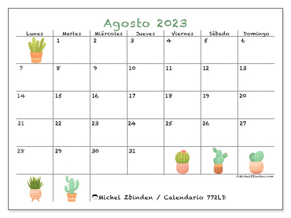 Calendario agosto de 2023 para imprimir. Calendario mensual “772LD” y almanaque para imprimer gratis