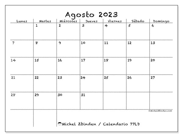 Calendario agosto de 2023 para imprimir. Calendario mensual “77LD” y planificación imprimibile