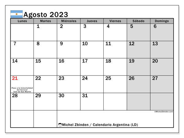 Calendario “Argentina (LD)” para imprimir, con festivos. Calendario mensual agosto de 2023 y almanaque para imprimer gratis.
