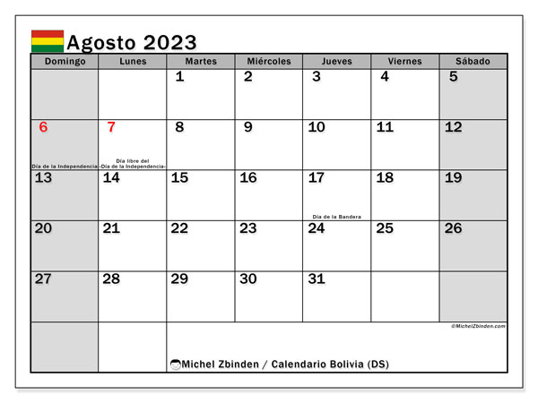 Kalenteri elokuu 2023, Bolivia (ES). Ilmainen tulostettava ohjelma.